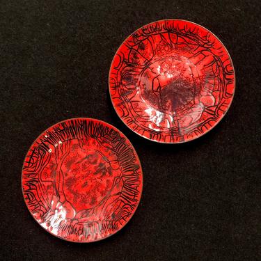Pair of Modernist Red and Black Enamel on Copper Pin Dishes 