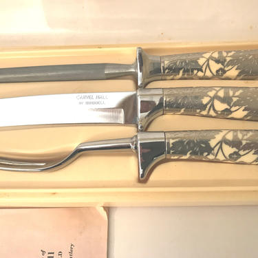 Vintage Carvel Hall by Bridell USA 3 Piece Carving Cutlery Set & Case Bakelite and Silver Overlay Fancy  Classic Design 