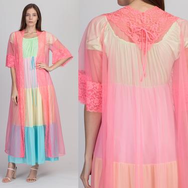 60s 70s Sheer Pink Peignoir Robe - Small to Large | Vintage Lace Trim Maxi Negligee Dressing Gown 