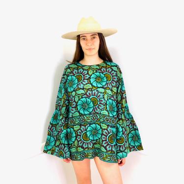 Indian Hand Blocked Tunic // vintage 70s mini dress blouse boho hippie hippy 1970s cotton India turquoise sun // O/S 