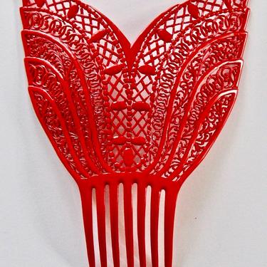 Art Deco Extra Large Pierced Work Red Celluloid Hair Comb, Antique Hair Comb, Vintage Flapper Comb, Hair Ornament Hair Decoration, 