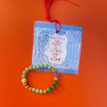 Bead bracelet and bookmark stocking stuffer, green adventurine and sandal wood bracelet, gifts for her 