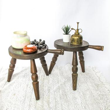 2 Available - Vintage Solid Wood 3 Legged Stool with Handle - Made in Japan (Sold Individually) 
