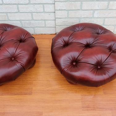 Vintage Chesterfield Low Leather Tufted Ottoman - Pair