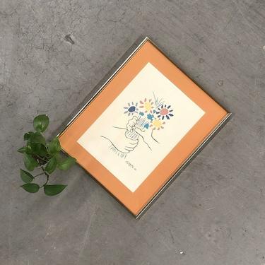 Vintage Picasso Print Retro 1980s Size 21x17 Pablo Picasso Le Bouquet Watercolor Lithograph Print in Glass Front Gold Metal Frame Wall Art 