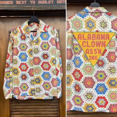Vintage 1960’s Rodeo Clown Custom Pop Art Embroidered Shirt, 60’s Western Wear, Vintage Floral Print, Vintage Clothing 