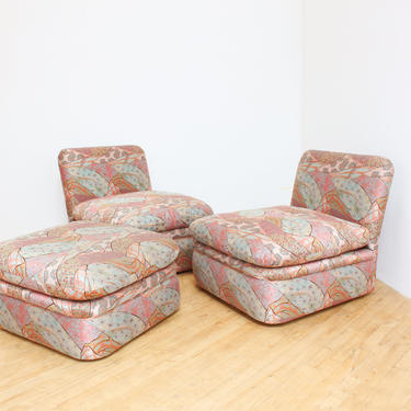 A. Rudin Slipper Chairs and Ottoman Postmodern Pink Peach Teal Jacquard Upholstered 