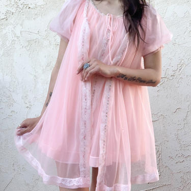 Vintage 60's Miss Elaine 2-Piece Nightie Nightgown Dress Pink Set 