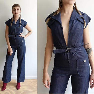 Vintage 70s Denim Jumpsuit/Charlies Angels Tight Denim Bell Bottom Coveralls/ Zipper Belted Jumpsuit/ XS small 