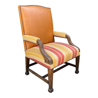 Huge Antique Mahogany Leather Desk Chair W Linen Stripe Seat 