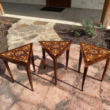 Unique Italian Inlaid Triangular Accent / Side Tables with Lift Top Compartment, Fine Hollywood Regency, 3 Available 