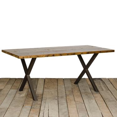Modern Farmhouse Dining Table with 1.5" reclaimed wood top and and our modern steel X legs in your choice of sizes or finishes 
