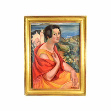 Andre Favory 1920’s Oil Painting Woman in Red Shawl 
