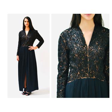 Vintage Black Evening Gown Long Sleeve lace Dress Medium Large// 90s Vintage Long Black Dress Gown Small Medium Long Sleeves Black Gown 