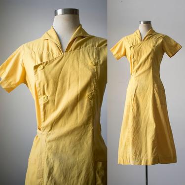 Vintage Yellow Linen Dress / 1940s Shirt Dress / 1940s Wrap Dress / WWII Era Dress / Pale Yellow Linen Dress / Workwear Dress / True Vintage 
