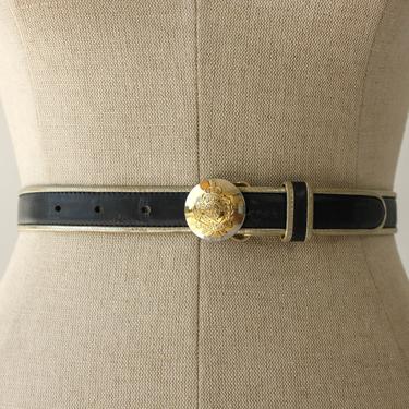 Vintage 80s Polo Ralph Lauren Black &amp; Silver Leather Belt w/ Logo Crested Buckle | Made in Italy | 1990s RRL Designer Skinny Bohemian Belt 
