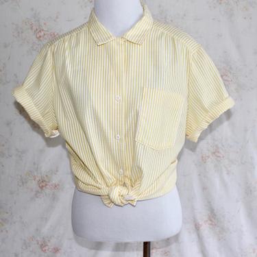 Vintage 70s Seersucker Shirt, 1970s Striped Blouse, Collared Shirt, Button Up, Summer Top, Yellow 