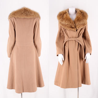 70s fox collar camel coat / vintage 1970s beige wool fur collar sash tie trench coat for winter sz L 