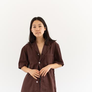 Vintage Overdye Hickory Brown Short Sleeve Shirt | Waist Tab Simple Cotton Work Blouse | XS S M | 