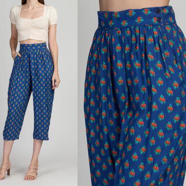 Vintage 80s Blue Floral Cropped Pants - Small | Carole Little Tapered Leg High Waist Causal Rayon Trousers 