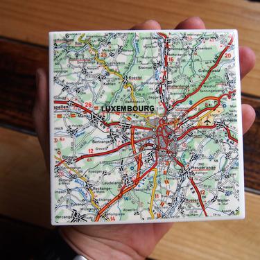 1976 Vintage Luxembourg Map Coaster. Europe Travel Gift. Handmade Coasters. Coffee Table Décor. Repurposed Map. Europe Souvenir. 