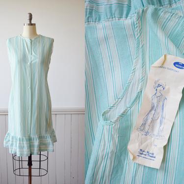 1960s Spearmint Striped House Dress | Vintage 60s Cotton Shift Dress with Ruffle | M/L 