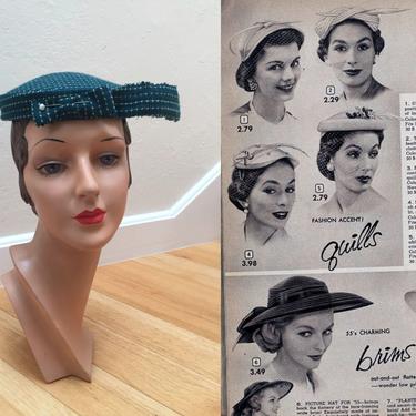 Flipped To The Side - Vintage 1950s Cerulean Teal Turquoise Wool Felt Stitched Pill Box Hat 
