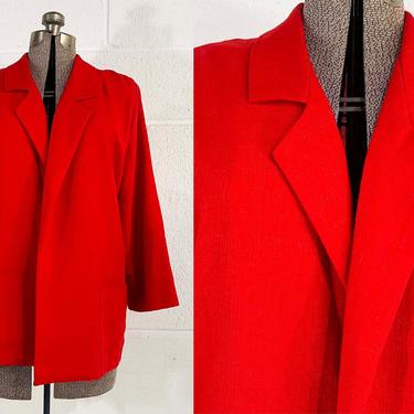 Vintage Red Blazer Denim Suit Jacket Tailored Made in the USA Open Front Long Sleeve Coat Designer Cardigan Joanna 1980s 80s Large XL 