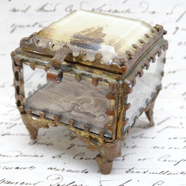 Antique Copper Jewelry Casket with Beveled Glass, Vintage Souvenir Memorial Ring Box, Detailed Ormolu 