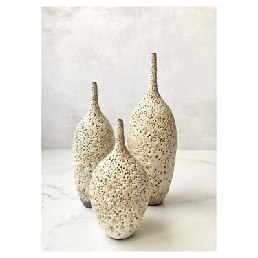 SHIPS NOW- set of 3 Stoneware Bottle Vases glazed in Light Yellow Textural Lava Glaze by Sara Paloma Pottery . rustic modern mid century 