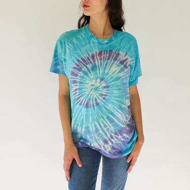 Vintage 80s Destroyed Fruit of the Loom Spiral Tie Dye Single Stitch Tee Shirt | Made in USA | 1980s Paper Thin Pastel Tie Dye T-Shirt by TheVault1969