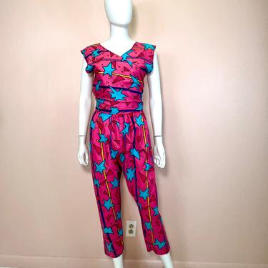 Vtg 1980s colorful star print jumpsuit size L 