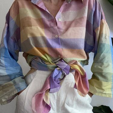 Vintage pastel tone button down shirt dress / blouse 