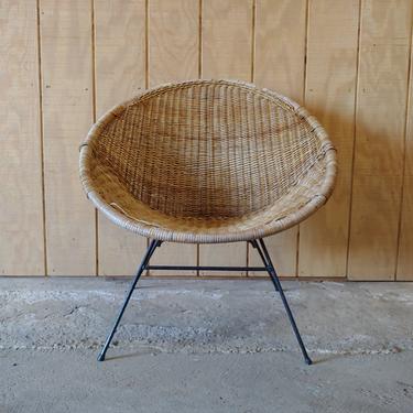 Vintage Arthur Umanoff Inspired Rattan and Wrought Iron Hoop Chair 
