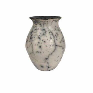 Vintage White Black Raku Studio Pottery Vase, signed 