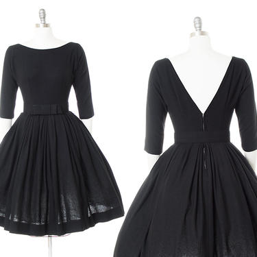 Vintage 1950s Dress | 50s Black Woven Wool Open Back Belted Day to Evening Dress (small) 