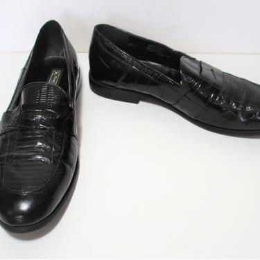 Vintage 1980s Stacy Adams Slip Ons, Loafers, Size 11M Men, black mock croc patent leather & snake 