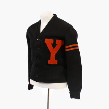 Vintage 40s Men's CARDIGAN / 1940s Orange &amp; Black Wool Varsity Letterman Sweater S - M 