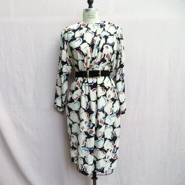 Vintage 1980's Krizia Multi Color Black and White Butterfly Rayon Print Day Dress Shoulder Pads Italian Designer Medium 