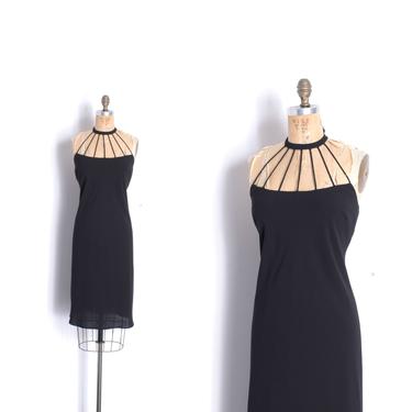 Vintage 1990s Dress / 90s Cocktail Dress with Cage Neckline / Black ( M L ) 