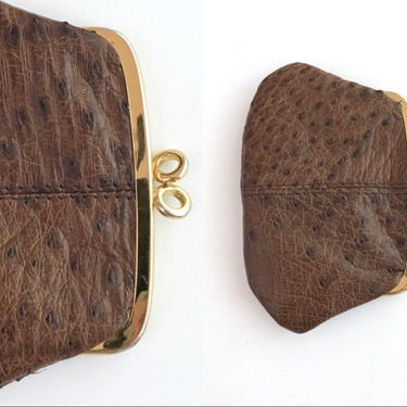 Vintage 1950s 60s Brown Ostrich Leather Kiss Lock Coin Purse 