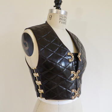 Vintage 1980's 90's Black Leather Quilted Vest Versace Style Gold Metal Fasteners and Trim Pellissimo Paris Made in France Size Small 