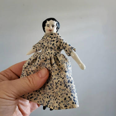 Antique Miniature China Head Doll with Painted Black Curls - Antique German Dolls - Collectible Dolls 4.5&amp;quot; tall 