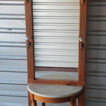 Vintage Oak Wood Hall Tree Stand with Mirror and Marble Top Console Table 
