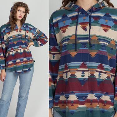 80s 90s Southwestern Button Up Hoodie - Large | Vintage Aztec Striped Streetwear Sweatshirt Top 