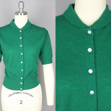 1950s Green Short Sleeved Cardigan · Vintage 50s Wool Sweater · Large / Extra Large 