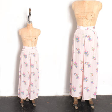 Vintage 1940s Pants / 40s Floral Print Rayon Wide Leg PJ Pants / Pink ( small S ) 