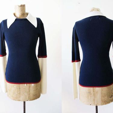 Vintage 1970s Oversized Collar Shirt - Womens 70s Ribbed Long Sleeve Top - Navy Blue Ribbed Knit 70s Colorblock Long Sleeve 