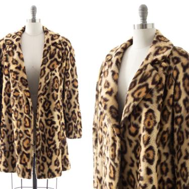 Vintage 1970s Swing Coat | 70s Leopard Animal Print Faux Fur Overcoat (small/medium) 