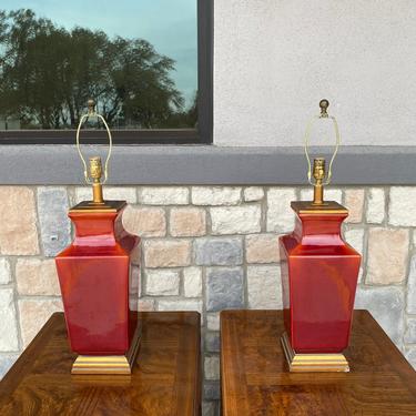 Pair of Red-Orange and Gold Leaf Art Deco / Hollywood Regency Style Table Lamps 